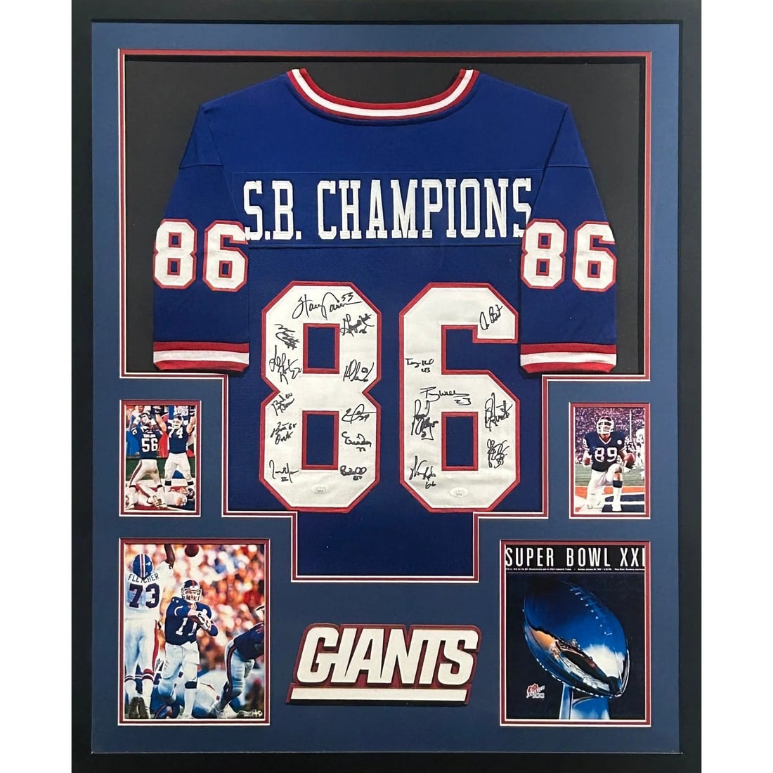 Framed Jersey Signed by 18 Members 1986 New York Giants JSA Authenticated: Framed Jersey Signed by 18 Members 1986 New York Giants JSA Authenticated This framed jersey features autographs from 18 members of the 1986 New York Giants Super Bowl team, including Hall of Famer Ha