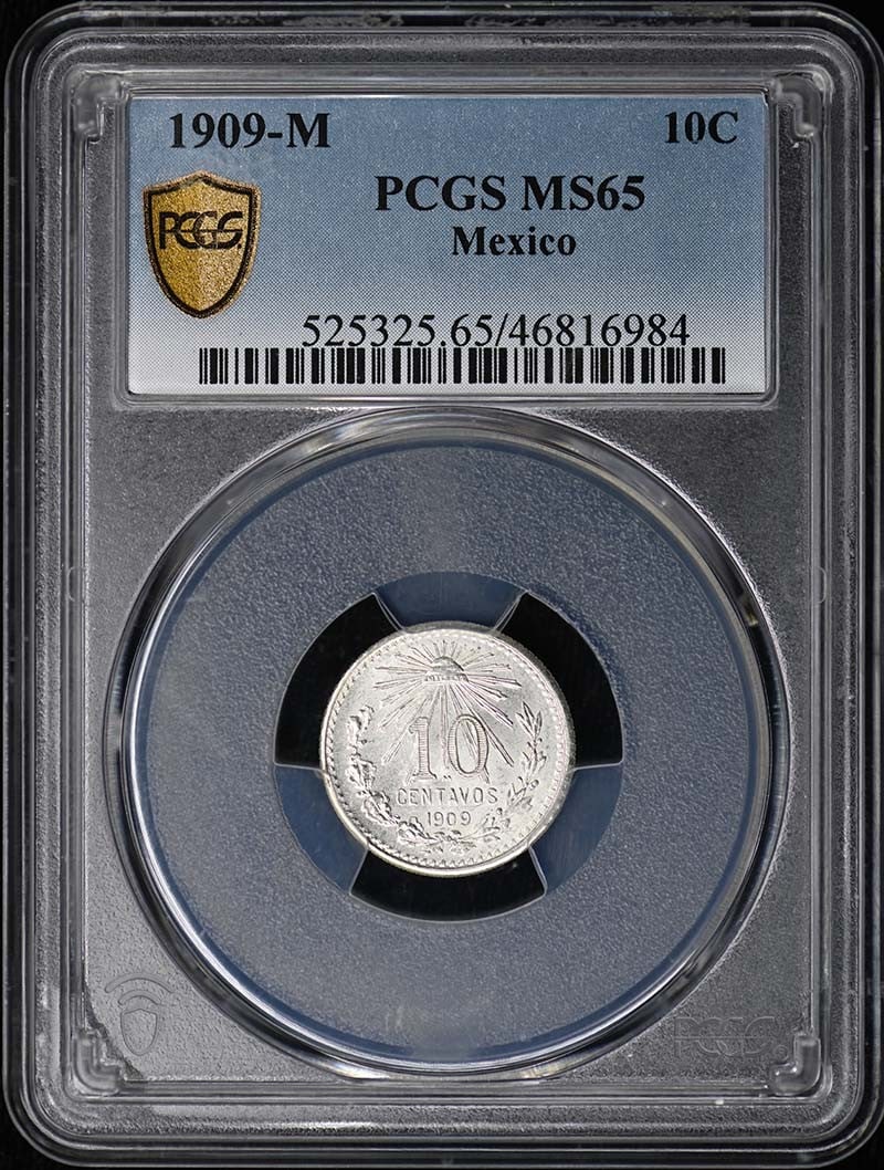 PCGS MS65 1909-M Mexico 10 Centavos Uncirculated Coin: PCGS MS65 1909-M Mexico 10 Centavos Uncirculated Coin This is a 1909-M Mexico 10 Centavos coin, certified and graded MS65 by PCGS. The coin is uncirculated and originates from Mexico. It is pre-owned
