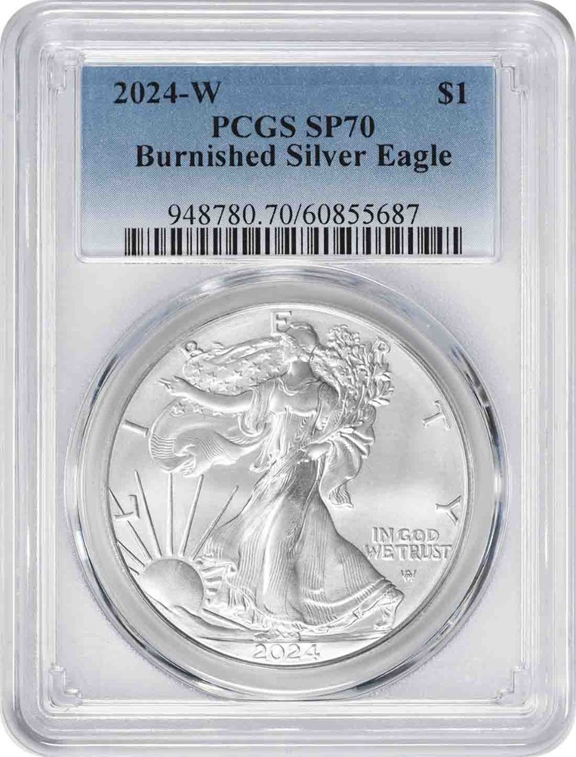 PCGS SP70 Burnished 2024-W American Silver Eagle Dollar 1 oz Coin: PCGS SP70 Burnished 2024-W American Silver Eagle Dollar 1 oz Coin This 2024-W American Silver Eagle features a burnished strike and has been graded SP70 by PCGS. Minted at the West Point Mint, the coi
