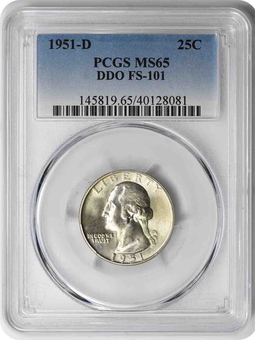 1951-D Washington Quarter DDO FS-101 MS65 Certified PCGS Silver Coin: 1951-D Washington Quarter DDO FS-101 MS65 Certified PCGS Silver Coin This 1951-D Washington Quarter features a Double Die Obverse (DDO) and is certified by PCGS with a grade of MS65, indicating its hi