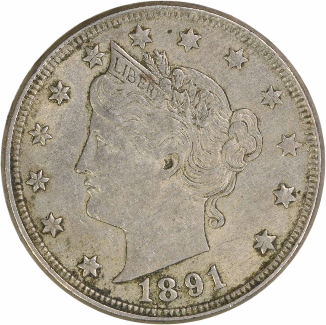 1891 Liberty Nickel 5C AU Uncertified Philadelphia Mint: 1891 Liberty Nickel 5C AU Uncertified Philadelphia Mint This 1891 Liberty Nickel, minted in Philadelphia, is a remarkable piece for any coin collector. It features the iconic Liberty design created by
