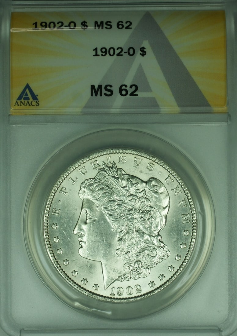 ANACS MS 62 1902-O Morgan Silver Dollar New Orleans Mint $1 Coin: ANACS MS 62 1902-O Morgan Silver Dollar New Orleans Mint $1 Coin This 1902-O Morgan Silver Dollar is an uncirculated $1 coin minted in New Orleans and graded MS-62 by ANACS. It features the classic Mo
