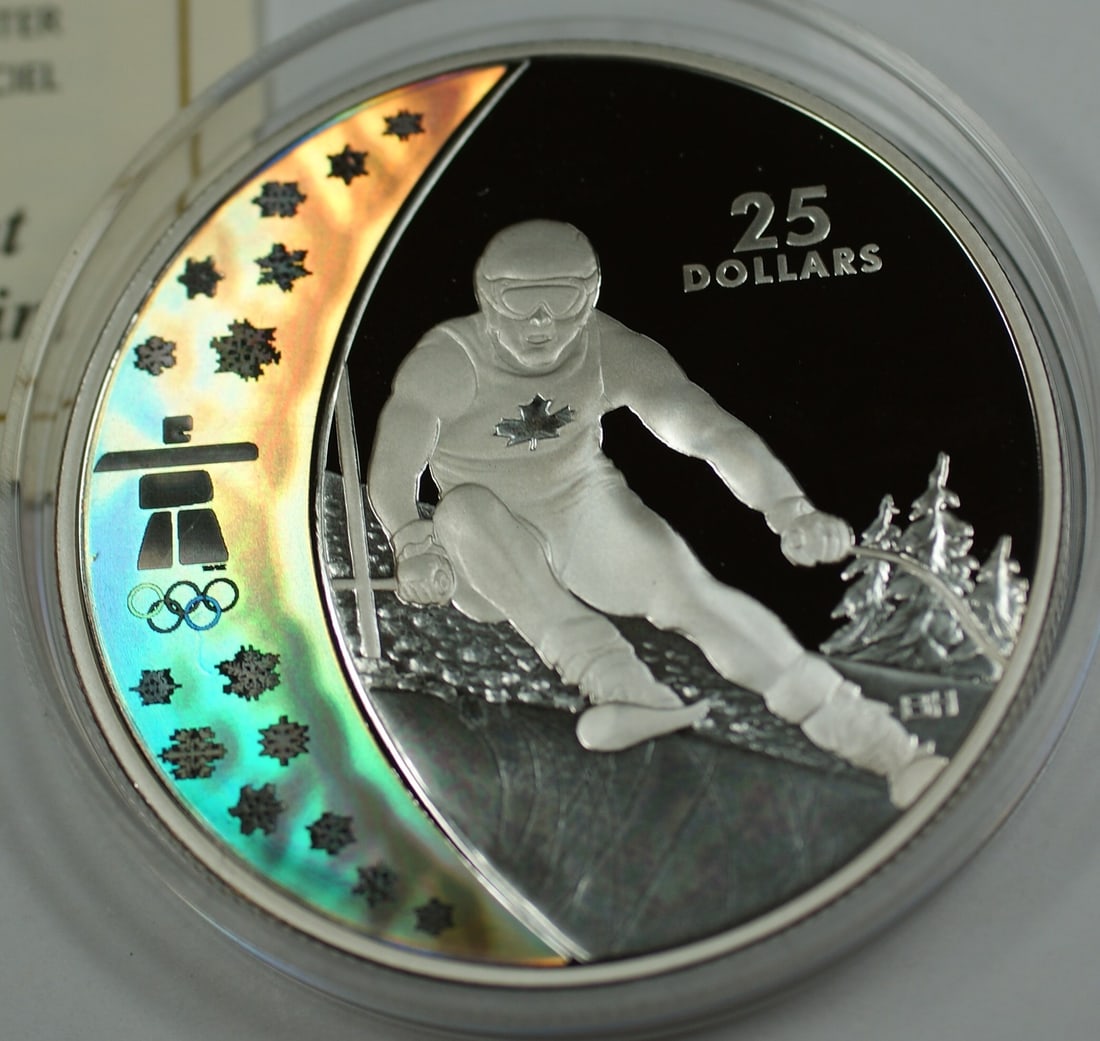 2007 $25 Silver Hologram Proof Coin Canada Alpine Skiing With COA: 2007 $25 Silver Hologram Proof Coin Canada Alpine Skiing With COA This 2007 Canada $25 silver holographic proof coin commemorates Alpine Skiing for the 2010 Vancouver Winter Olympics. Crafted from 0.9