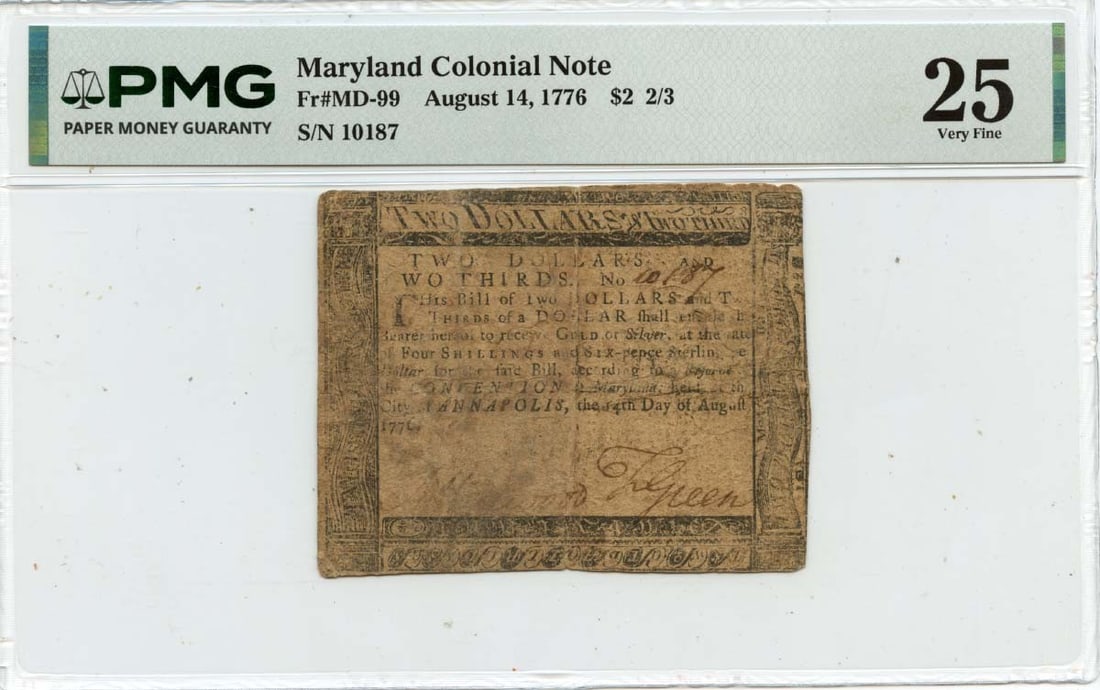 August 14 1776 Maryland $2 2/3 Colonial Currency PMG VF25: August 14 1776 Maryland $2 2/3 Colonial Currency PMG VF25 This is a 1776 Maryland Colonial Note with a denomination of $2 2/3, dated August 14. The note is certified by PMG with a grade of VF25 and is