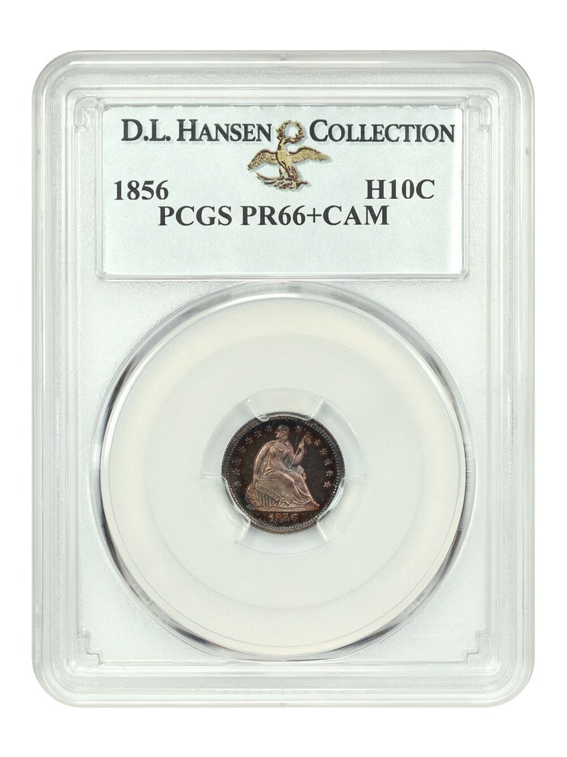 1856 H10C PCGS PR66+CAM Liberty Seated Half Dime Ex D.L. Hansen: 1856 H10C PCGS PR66+CAM Liberty Seated Half Dime Ex D.L. Hansen This 1856 H10C PCGS PR66+CAM is a remarkable example of the Liberty Seated Half Dime, showcasing exceptional preservation and vibrant to