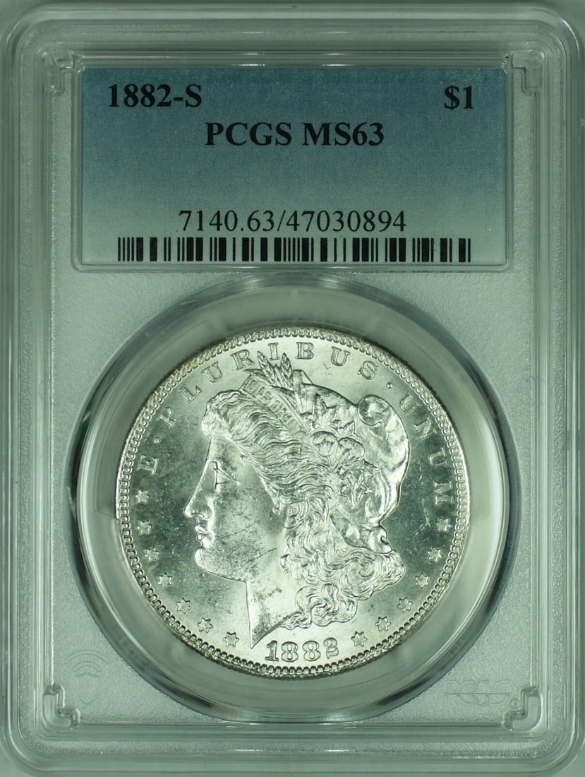 PCGS MS-63 1882-S San Francisco Morgan Silver Dollar $1 Coin: PCGS MS-63 1882-S San Francisco Morgan Silver Dollar $1 Coin This 1882-S Morgan Silver Dollar coin is certified by PCGS with a grade of MS-63. Struck at the San Francisco Mint, it is composed of 90% s
