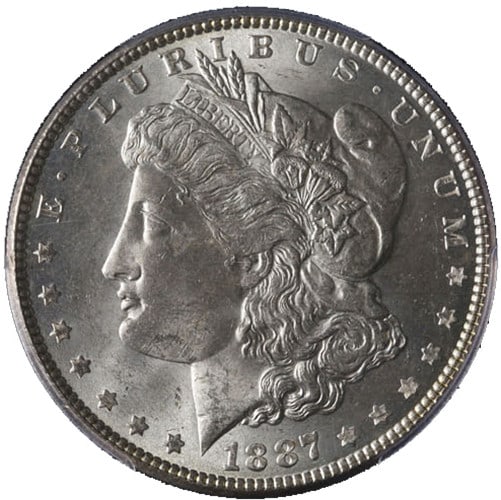 1887-P Morgan Silver Dollar PCGS MS63 Uncirculated Bright White: 1887-P Morgan Silver Dollar PCGS MS63 Uncirculated Bright White This stunning 1887-P Morgan Silver Dollar is certified by PCGS with a grade of MS63, indicating its uncirculated condition. The coin sho