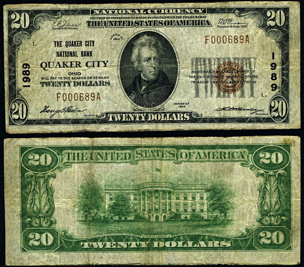 1929 T-1 $20 National Bank Note Quaker City Ohio Ch #1989 Uncertified: 1929 T-1 $20 National Bank Note Quaker City Ohio Ch #1989 Uncertified This $20 National Bank Note from Quaker City, Ohio, was issued in 1929 (Type T-1) and is graded as Fine+. It displays even and con