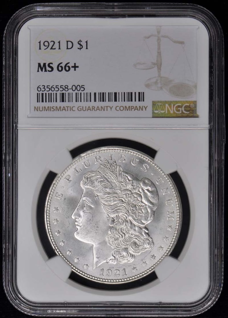 1921-D Morgan Dollar NGC MS66+ Uncirculated Denver Mint Coin: 1921-D Morgan Dollar NGC MS66+ Uncirculated Denver Mint Coin This 1921-D Morgan Dollar, graded MS66+ by NGC, is a stunning example of a classic American coin. It was minted in Denver and is classified