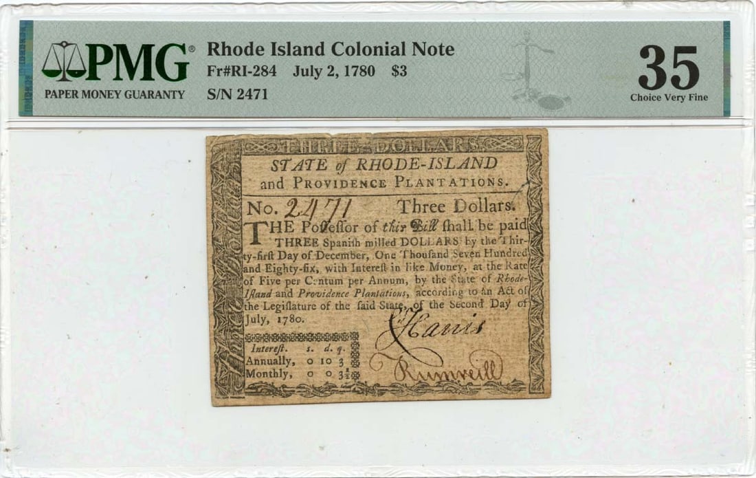 1780 $3 Rhode Island Colonial Note RI-284 PMG VF35 Fully Signed: 1780 $3 Rhode Island Colonial Note RI-284 PMG VF35 Fully Signed This Rhode Island Colonial Note, dated July 2, 1780, is a notable piece of currency history. It is fully signed and graded as VF35 by PM