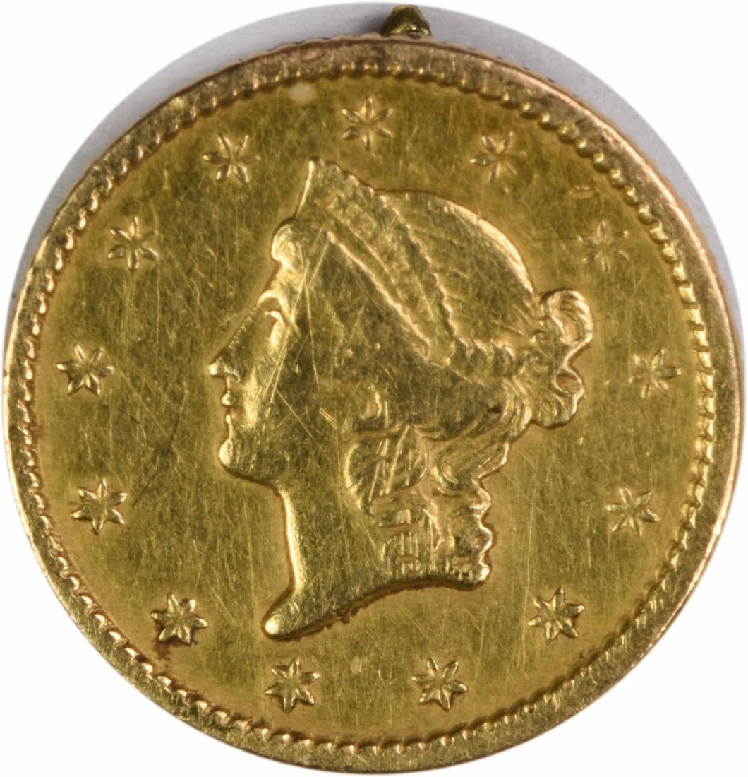 1849 Philadelphia $1 Gold Type 1 Coin EF Uncertified With Solder On Reverse: 1849 Philadelphia $1 Gold Type 1 Coin EF Uncertified With Solder On Reverse This 1849 $1 Gold Type 1 coin from the Philadelphia Mint is composed of 90% gold and 10% copper. Designed by James Barton Lo