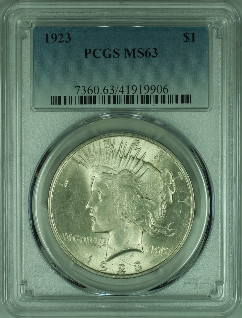 PCGS MS63 1923 Peace Dollar Silver Coin Philadelphia Mint: PCGS MS63 1923 Peace Dollar Silver Coin Philadelphia Mint This 1923 Peace Silver Dollar is certified by PCGS with a grade of MS-63. Minted in Philadelphia, it features a silver composition and is unci