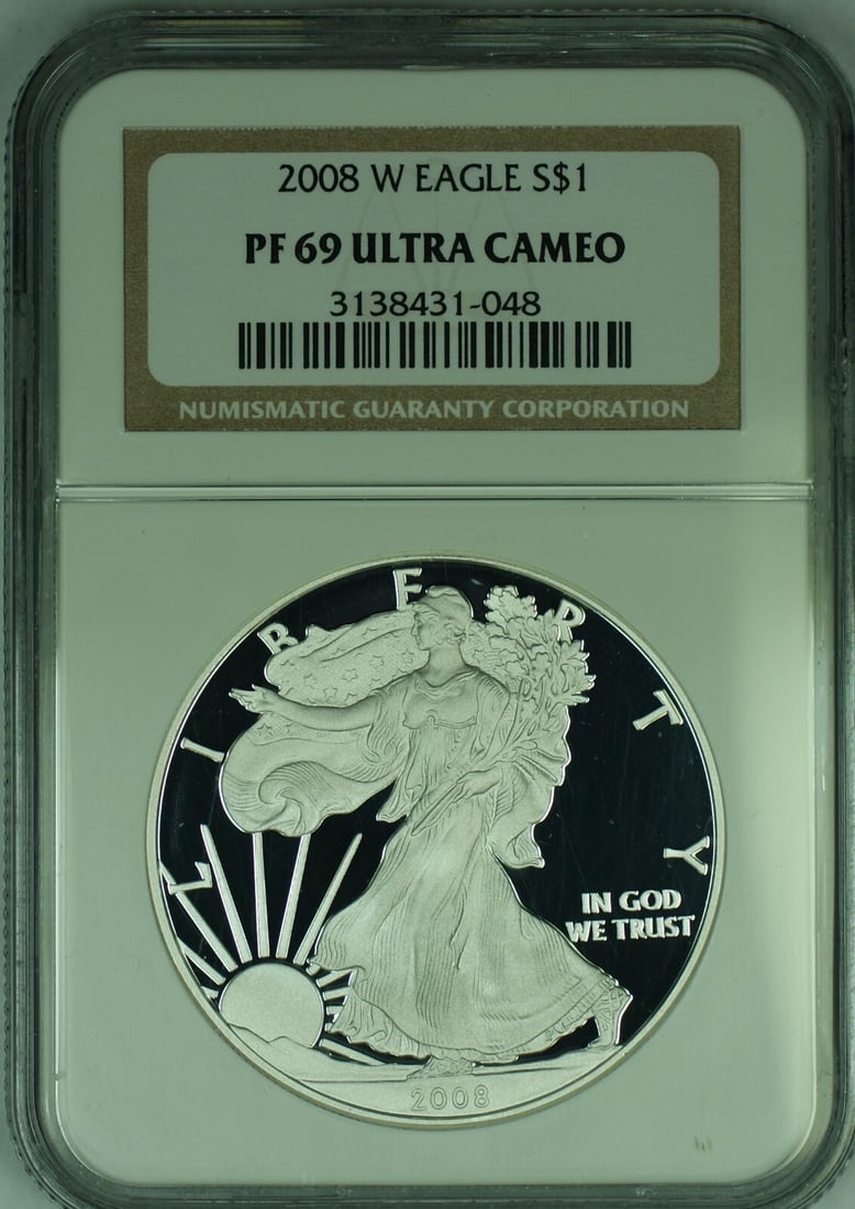 NGC PF 69 Ultra Cameo 2008-W Proof Silver Eagle Dollar Coin: NGC PF 69 Ultra Cameo 2008-W Proof Silver Eagle Dollar Coin This 2008-W American Proof Silver Eagle is a $1 commemorative coin graded NGC PF 69 Ultra Cameo. It features a proof strike and remains in u