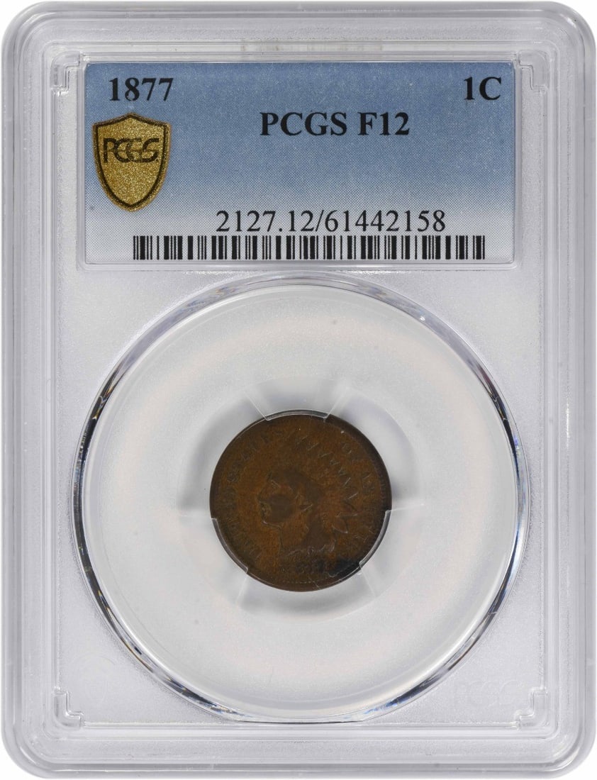 PCGS Graded 1877 Indian Head Small Cent Fine 12 Copper Coin: PCGS Graded 1877 Indian Head Small Cent Fine 12 Copper Coin This 1877 Indian Head cent is a circulated coin graded F12 by PCGS. Struck in copper, it features the classic Indian Head design and origina