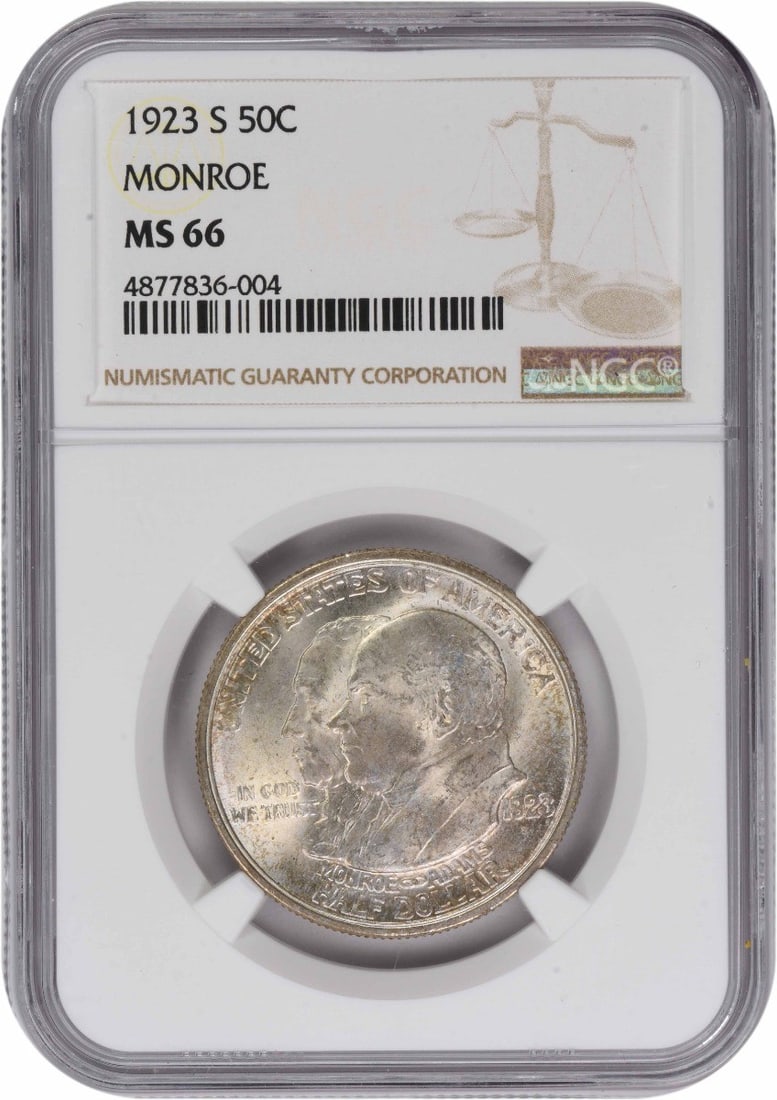 1923 San Francisco Monroe Commemorative Half Dollar NGC MS66 Silver Coin: 1923 San Francisco Monroe Commemorative Half Dollar NGC MS66 Silver Coin This 1923-S Monroe Commemorative Half Dollar is graded MS66 by NGC and is in uncirculated condition. Struck at the San Francisc