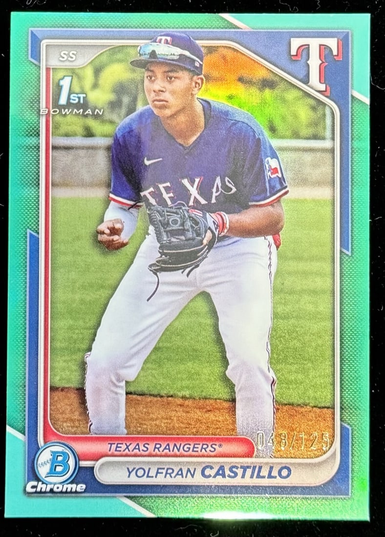 2024 Bowman Chrome Yolfran Castillo Green Refractor 048/125 BCP-159: 2024 Bowman Chrome Yolfran Castillo Green Refractor 048/125 BCP-159 This is a 2024 Bowman Chrome Yolfran Castillo Green Refractor sports trading card, featuring a limited edition parallel of 048/125.