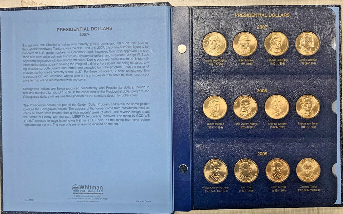 Uncirculated 2007-2016 Presidential $1 Set in Whitman Deluxe Album: Uncirculated 2007-2016 Presidential $1 Set in Whitman Deluxe Album This is a 2007-2016 Presidential $1 Dollar Uncirculated Set presented in a Whitman Deluxe Album. The set features uncirculated $1 coi