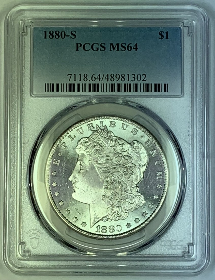 PCGS MS 64 1880-S Morgan Silver Dollar Coin Certified Uncirculated: PCGS MS 64 1880-S Morgan Silver Dollar Coin Certified Uncirculated This 1880-S Morgan Silver Dollar is a United States coin composed of silver. It is certified by PCGS with a grade of MS 64 and remain