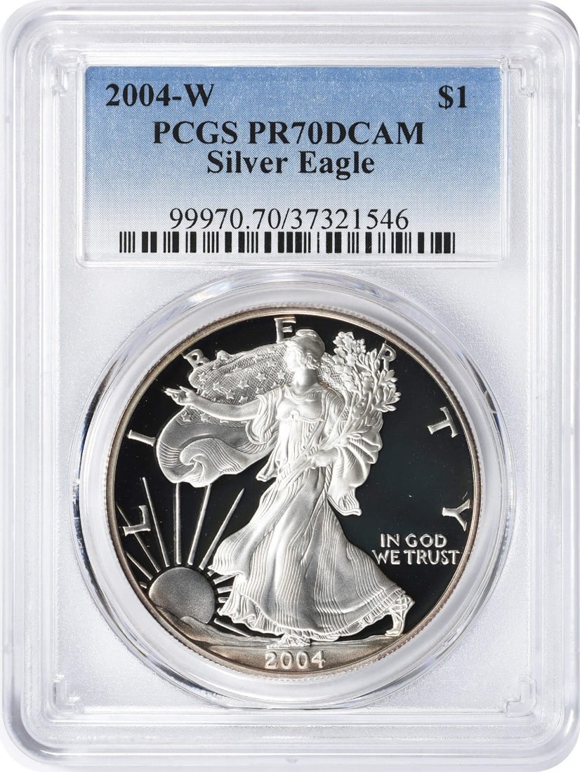 2004-W American Silver Eagle Dollar PR70DCAM PCGS Proof 70 Deep Cameo: 2004-W American Silver Eagle Dollar PR70DCAM PCGS Proof 70 Deep Cameo This 2004-W American Silver Eagle Dollar is a stunning proof coin, graded PR70DCAM by PCGS, showcasing the highest quality in mint