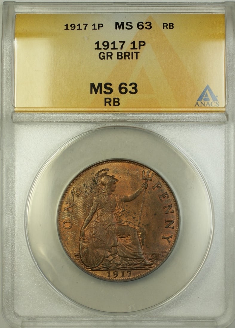 1917 United Kingdom Penny Copper Coin ANACS MS63 Red Brown Uncirculated: 1917 United Kingdom Penny Copper Coin ANACS MS63 Red Brown Uncirculated This 1917 Great Britain One Penny coin is composed of copper and graded MS-63 RB (Red-Brown) by ANACS. It is uncirculated and or