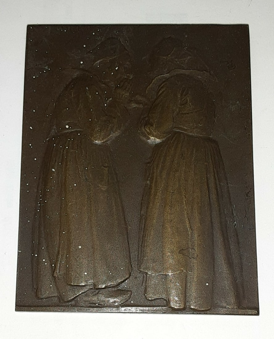 French Bronze Les Commeres Medal by A. Schwab 2 1/4 x 3 Inches: French Bronze Les Commeres Medal by A. Schwab 2 1/4 x 3 Inches This is a vintage French bronze medal titled 'Les Commeres' (The Gossips) created by A. Schwab. The medal is circulated and shows some sp