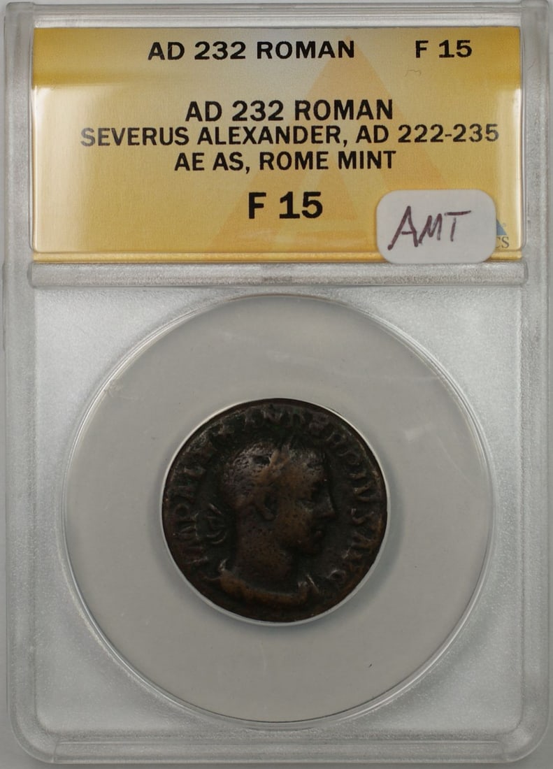 Bronze Roman AS Coin 232 AD Severus Alexander ANACS F 15 Certified: Bronze Roman AS Coin 232 AD Severus Alexander ANACS F 15 Certified Ancient Roman bronze AE As coin issued during the reign of Severus Alexander, dated 232 AD. This coin was minted in Rome and has been