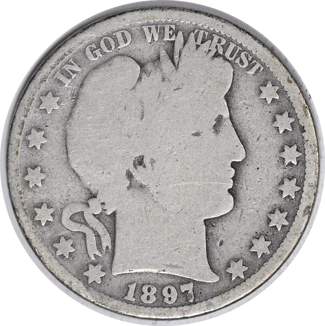 1897-O Barber Silver Half Dollar 50C AG Uncertified New Orleans: 1897-O Barber Silver Half Dollar 50C AG Uncertified New Orleans This 1897-O Barber Silver Half Dollar is a remarkable piece of numismatic history. Struck at the New Orleans Mint, this coin features th