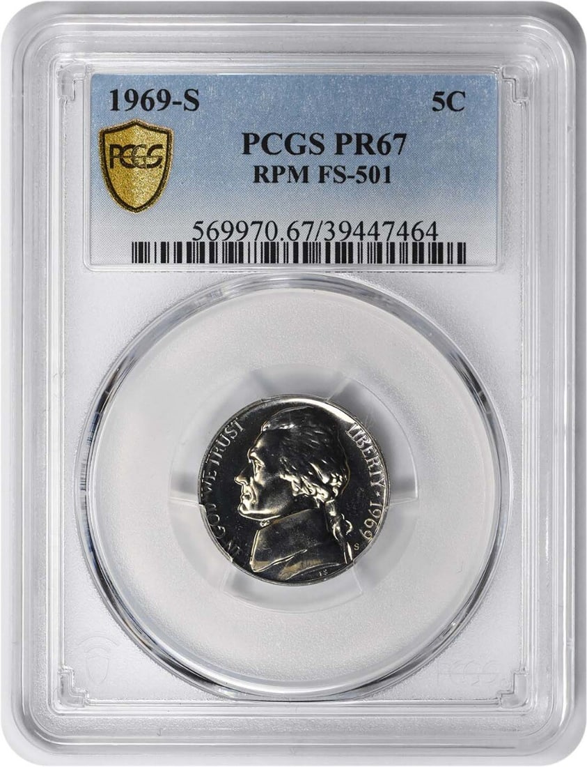1969-S Jefferson Nickel Proof PR67 PCGS Uncirculated: 1969-S Jefferson Nickel Proof PR67 PCGS Uncirculated This 1969-S Jefferson Nickel is a remarkable proof coin, certified by PCGS with a high grade of PR67. Featuring a composition of 75% copper and 25%