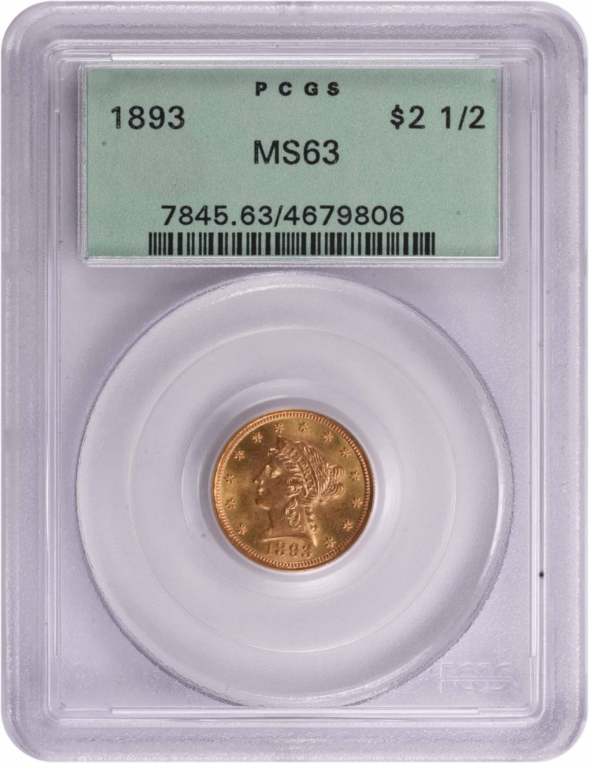 1893 $2.50 Gold Liberty Head Coin MS63 PCGS Uncirculated: 1893 $2.50 Gold Liberty Head Coin MS63 PCGS Uncirculated This 1893 $2.50 Gold Liberty Head coin is a remarkable piece of numismatic history, certified by PCGS with a grade of MS63. It features the exq