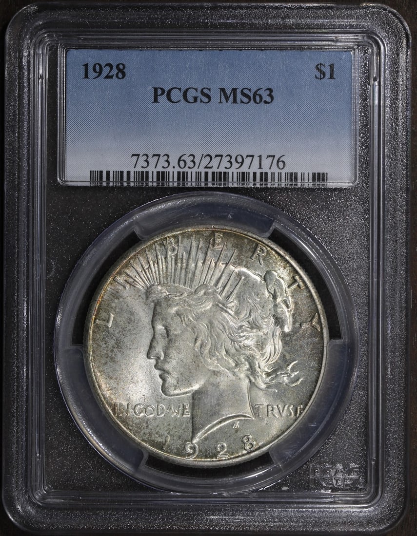 1928 Philadelphia Peace Dollar MS63 PCGS Certified Silver Coin: 1928 Philadelphia Peace Dollar MS63 PCGS Certified Silver Coin This 1928 Peace Silver Dollar is graded MS63 by PCGS and features an uncirculated condition. Minted in Philadelphia, this $1 coin is comp