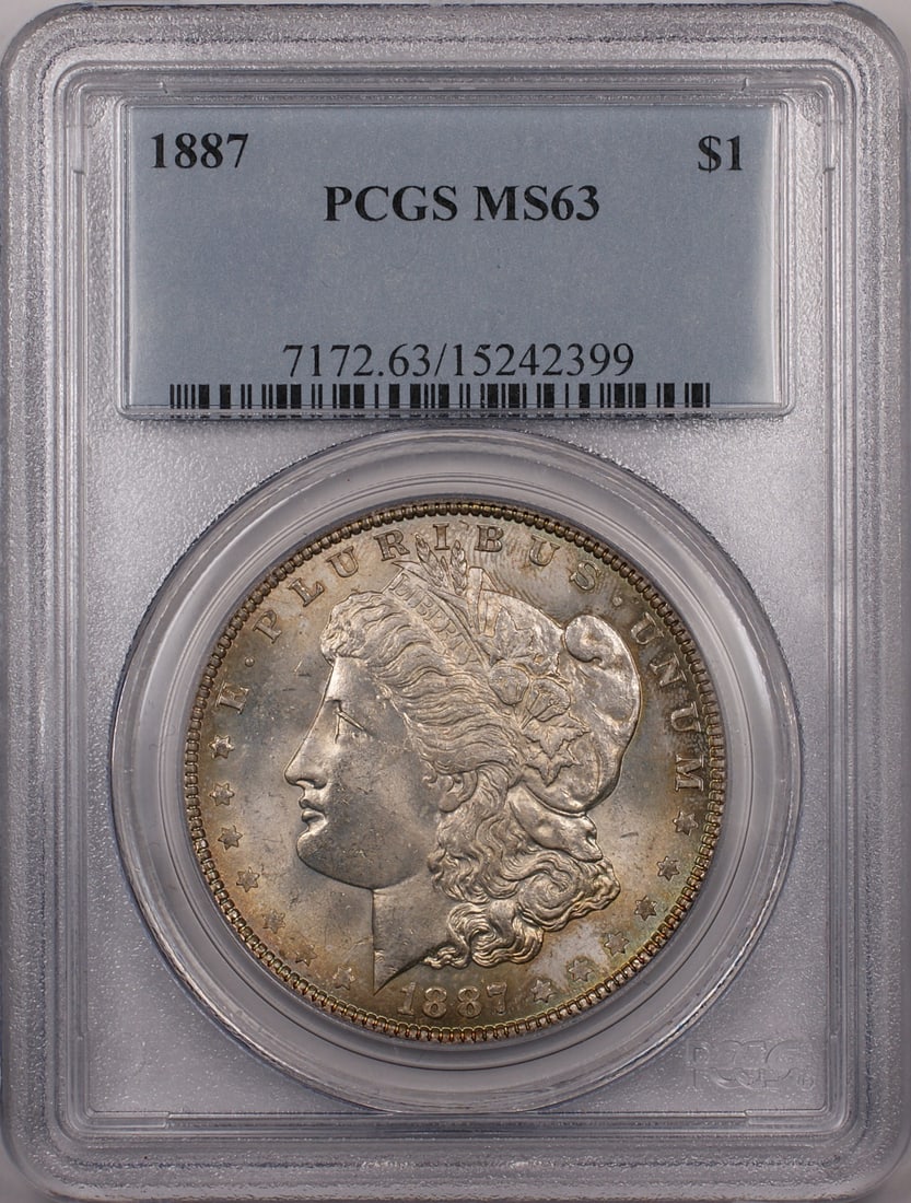 PCGS MS 63 1887 Philadelphia Morgan Silver Dollar Lightly Toned $1 Coin: PCGS MS 63 1887 Philadelphia Morgan Silver Dollar Lightly Toned $1 Coin This 1887 Morgan Silver Dollar is a $1 coin certified by PCGS with a grade of MS-63. The coin features light toning and originat