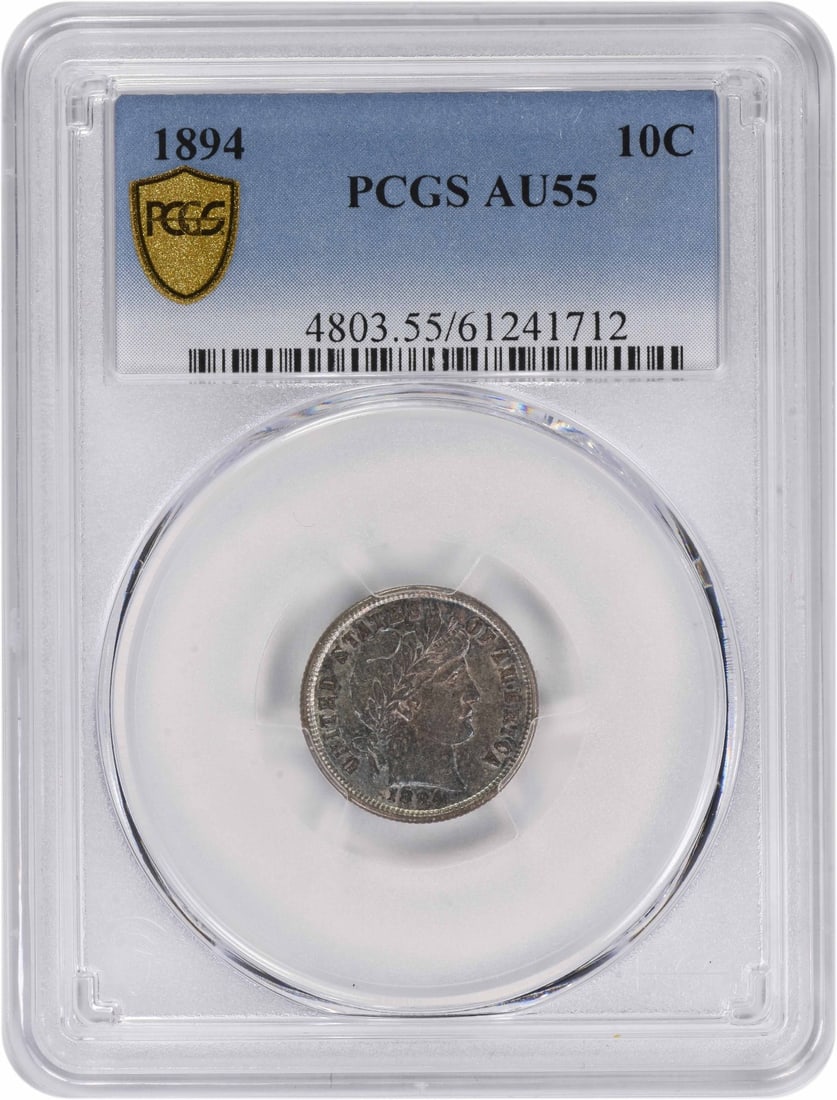 1894 Barber Silver Dime AU55 PCGS Certified 90% Silver Coin: 1894 Barber Silver Dime AU55 PCGS Certified 90% Silver Coin This 1894 Barber Silver Dime is a remarkable piece of numismatic history, certified by PCGS with a grade of AU55. Minted in Philadelphia, th