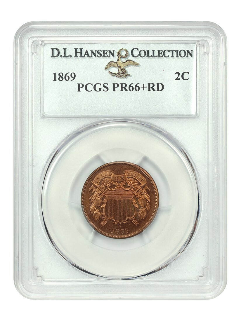1869 2C PCGS PR66+RD Two Cent Coin Limited Mintage: 1869 2C PCGS PR66+RD Two Cent Coin Limited Mintage This remarkable 1869 2-Cent coin, certified by PCGS with a grade of PR66+RD, showcases outstanding qualities that make it a prized addition to any co