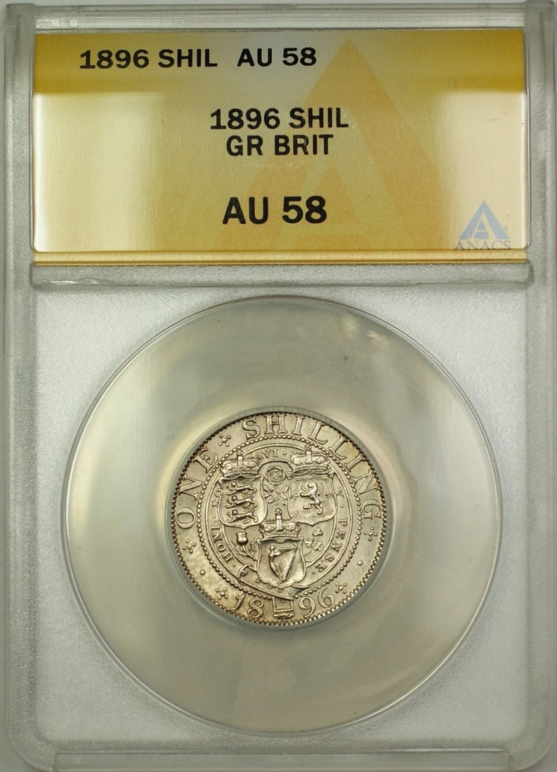 ANACS AU 58 1896 United Kingdom Silver 1 Shilling Coin: ANACS AU 58 1896 United Kingdom Silver 1 Shilling Coin This 1896 Great Britain 1 Shilling coin is composed of silver and has been certified by ANACS with a grade of AU-58. The coin originates from the