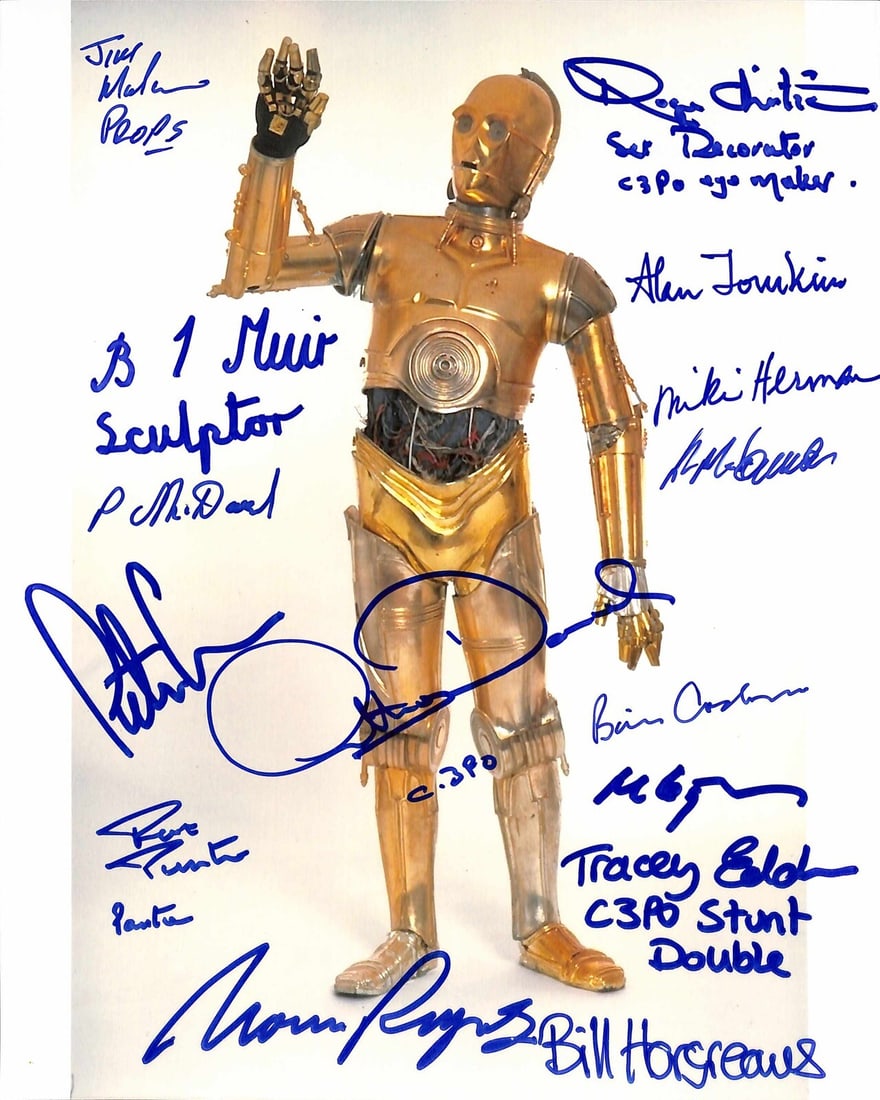 8x10 C-3PO Photograph Signed by 15 Star Wars Production Members Beckett LOA: 8x10 C-3PO Photograph Signed by 15 Star Wars Production Members Beckett LOA This is an original 8x10 color photograph of C-3PO, signed by 15 key members involved in the design, production, and portray