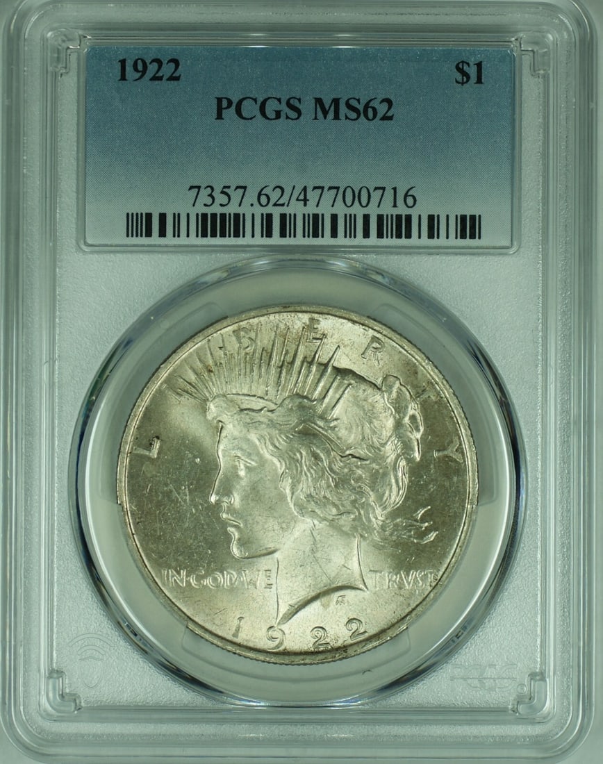PCGS MS 62+ 1922 Peace Silver Dollar $1 Coin United States: PCGS MS 62+ 1922 Peace Silver Dollar $1 Coin United States This is a 1922 Peace Silver Dollar coin from the United States, featuring a denomination of $1. The coin is composed of silver and has been g