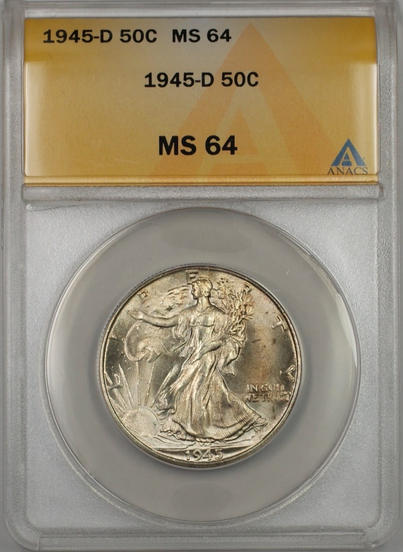 ANACS MS 64 1945-D Silver 50C Walking Liberty Half Dollar Coin: ANACS MS 64 1945-D Silver 50C Walking Liberty Half Dollar Coin This 1945-D Walking Liberty Half Dollar is an un-used coin graded MS 64 by ANACS. Struck in silver at the Denver Mint, it carries a denom