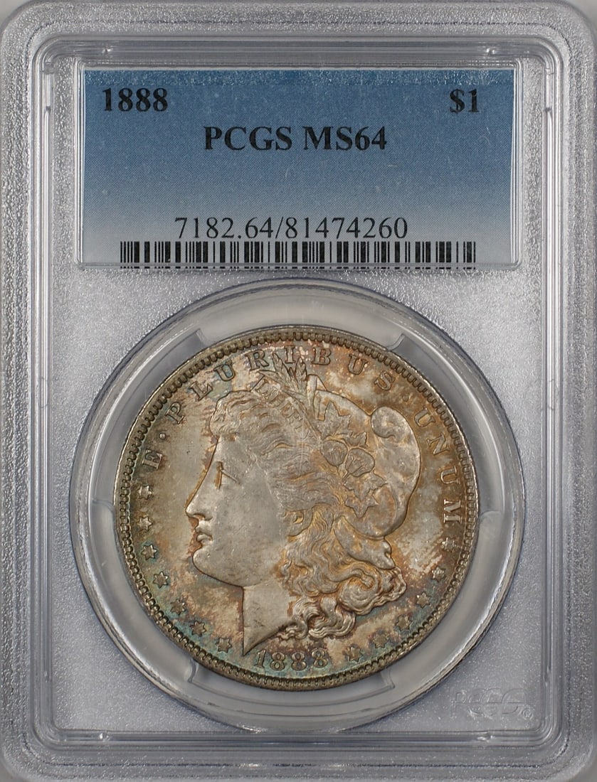 PCGS MS-64 1888 Silver Morgan Dollar Philadelphia Nicely Toned: PCGS MS-64 1888 Silver Morgan Dollar Philadelphia Nicely Toned This 1888 Morgan Silver Dollar is graded MS-64 by PCGS and features attractive toning. Struck at the Philadelphia Mint, it is composed of