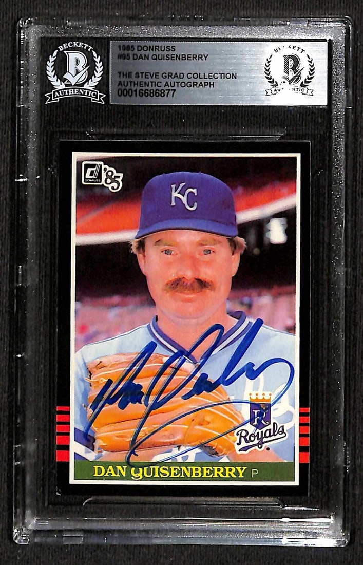 Dan Quisenberry Signed 1985 Donruss #95 Card Beckett Authenticated: Dan Quisenberry Signed 1985 Donruss #95 Card Beckett Authenticated This is an autographed 1985 Donruss #95 sports trading card featuring Kansas City Royals pitcher Dan Quisenberry, who passed away in