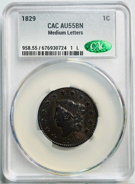 1829 USA Large Cent Coronet Head CAC AU 55 BN: 1829 USA Large Cent Coronet Head CAC AU 55 BN This 1829 Large Cent features the Coronet Head design and is certified by CAC with an AU 55 grade. Struck in copper, this coin is a notable piece for coll