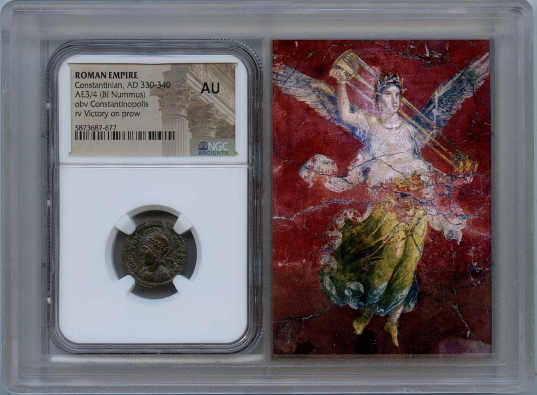NGC AU50 Certified Constantinian AE3/4 Roman Coin AD 330-340: NGC AU50 Certified Constantinian AE3/4 Roman Coin AD 330-340 This is a Roman Empire AE3/4 coin from the Constantinian period, dating from AD 330-340. The coin is certified by NGC with an AU50 grade, i