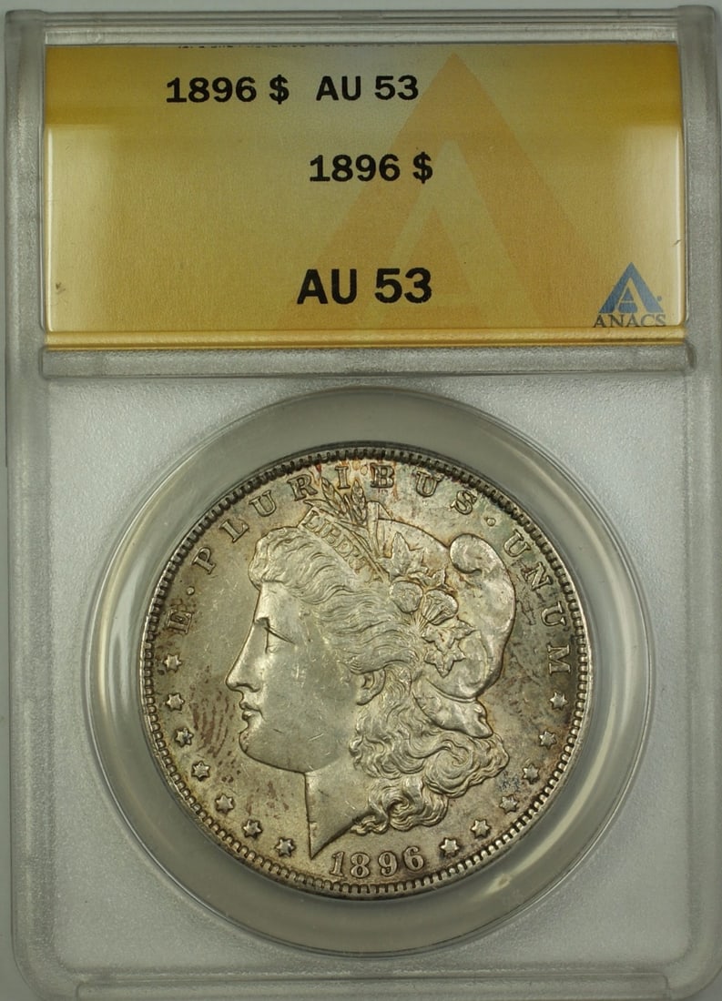 ANACS AU-53 1896 Morgan Dollar Silver Coin Philadelphia Mint: ANACS AU-53 1896 Morgan Dollar Silver Coin Philadelphia Mint This 1896 Morgan Silver Dollar features a $1 denomination and was minted in Philadelphia. Graded AU-53 by ANACS, this circulated coin is co