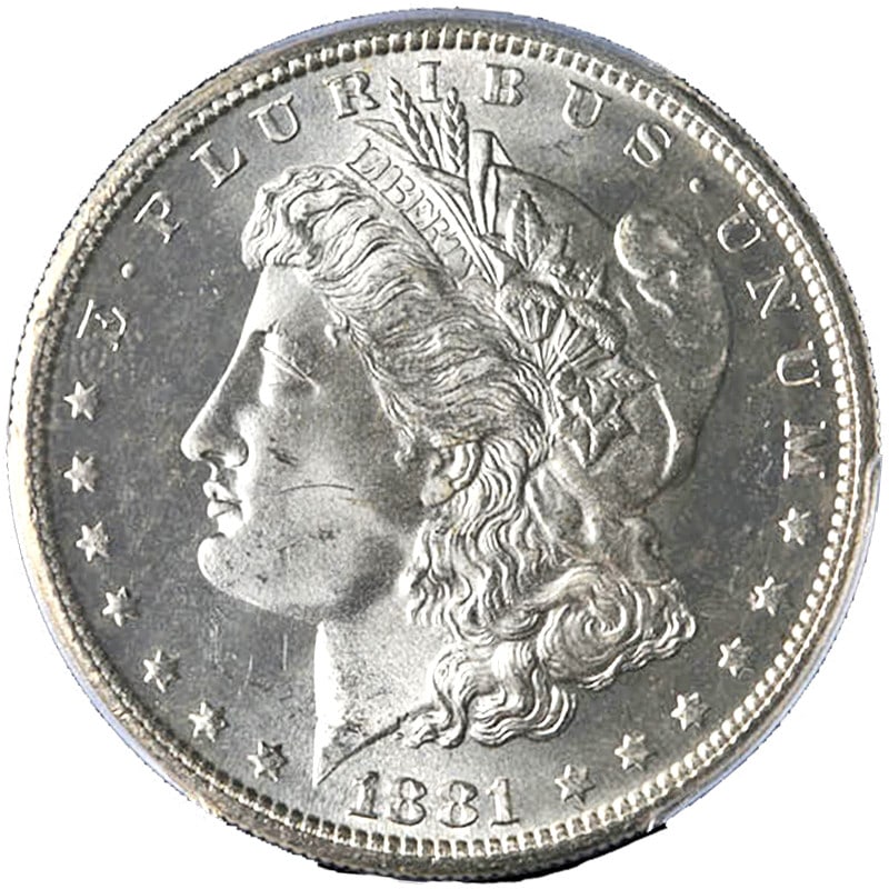 PCGS MS65 1881-S Morgan Dollar Silver Coin Lustrous Gem: PCGS MS65 1881-S Morgan Dollar Silver Coin Lustrous Gem This 1881-S Morgan Silver Dollar is graded MS65 by PCGS, indicating a high-quality, uncirculated coin with a blazing white appearance and attrac