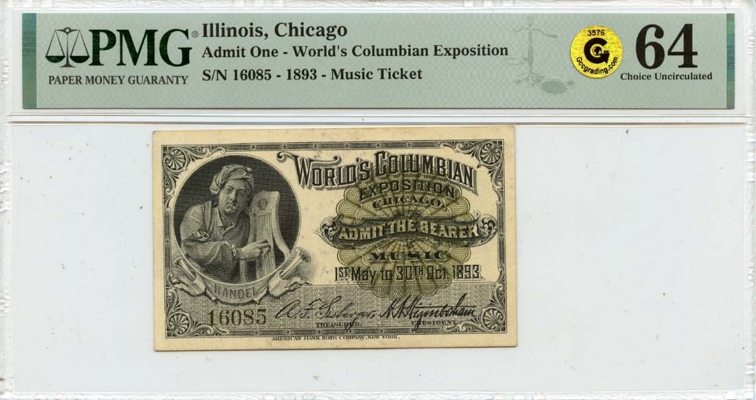 1893 Chicago Columbian Expo Green Seal PMG MS64 Certified Coin: 1893 Chicago Columbian Expo Green Seal PMG MS64 Certified Coin This 1893 Columbian Exposition note from Illinois, Chicago features a green seal and has been certified by PMG with a grade of CH64 GCC G