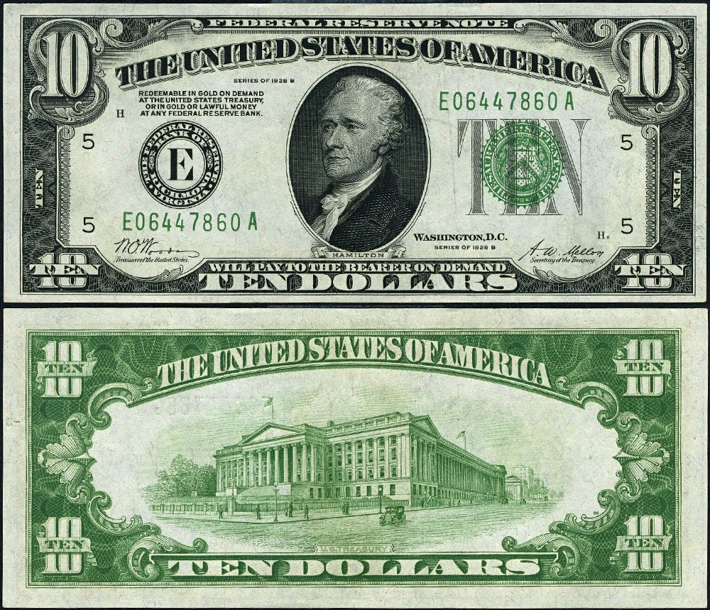 1928-B $10 Federal Reserve Note Richmond E-A Block Choice Uncirculated: 1928-B $10 Federal Reserve Note Richmond E-A Block Choice Uncirculated This is a $10 Federal Reserve Note from the 1928-B series, specifically the Richmond E-A Block. It is graded as Choice Uncirculat
