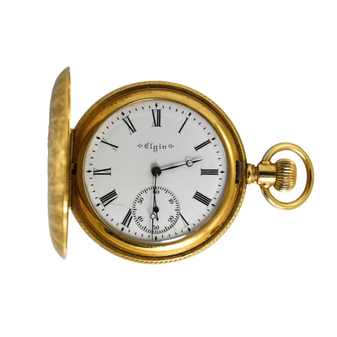 Size 16 Elgin Hunting Case Gold Filled Pocket Watch Circa 1901: Size 16 Elgin Hunting Case Gold Filled Pocket Watch Circa 1901 This is a vintage Elgin gold-filled pocket watch featuring a hunting case with attractive engraving. The watch is size 16 with a 3/4 plat