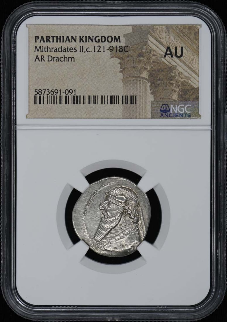 Parthian Kingdom AR Drachm Mithradates II NGC AU50 Certified Ancient Coin: Parthian Kingdom AR Drachm Mithradates II NGC AU50 Certified Ancient Coin This is a Parthian Kingdom AR Drachm coin from the reign of Mithradates II, dating circa 121-91 BC. The coin has been professi