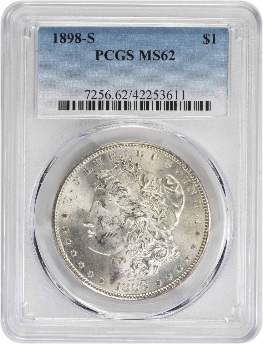1898-S Morgan Silver Dollar MS62 PCGS Uncirculated Coin: 1898-S Morgan Silver Dollar MS62 PCGS Uncirculated Coin This 1898-S Morgan Silver Dollar is a remarkable collectible coin, graded MS62 by PCGS. The coin features a stunning design by George T. Morgan