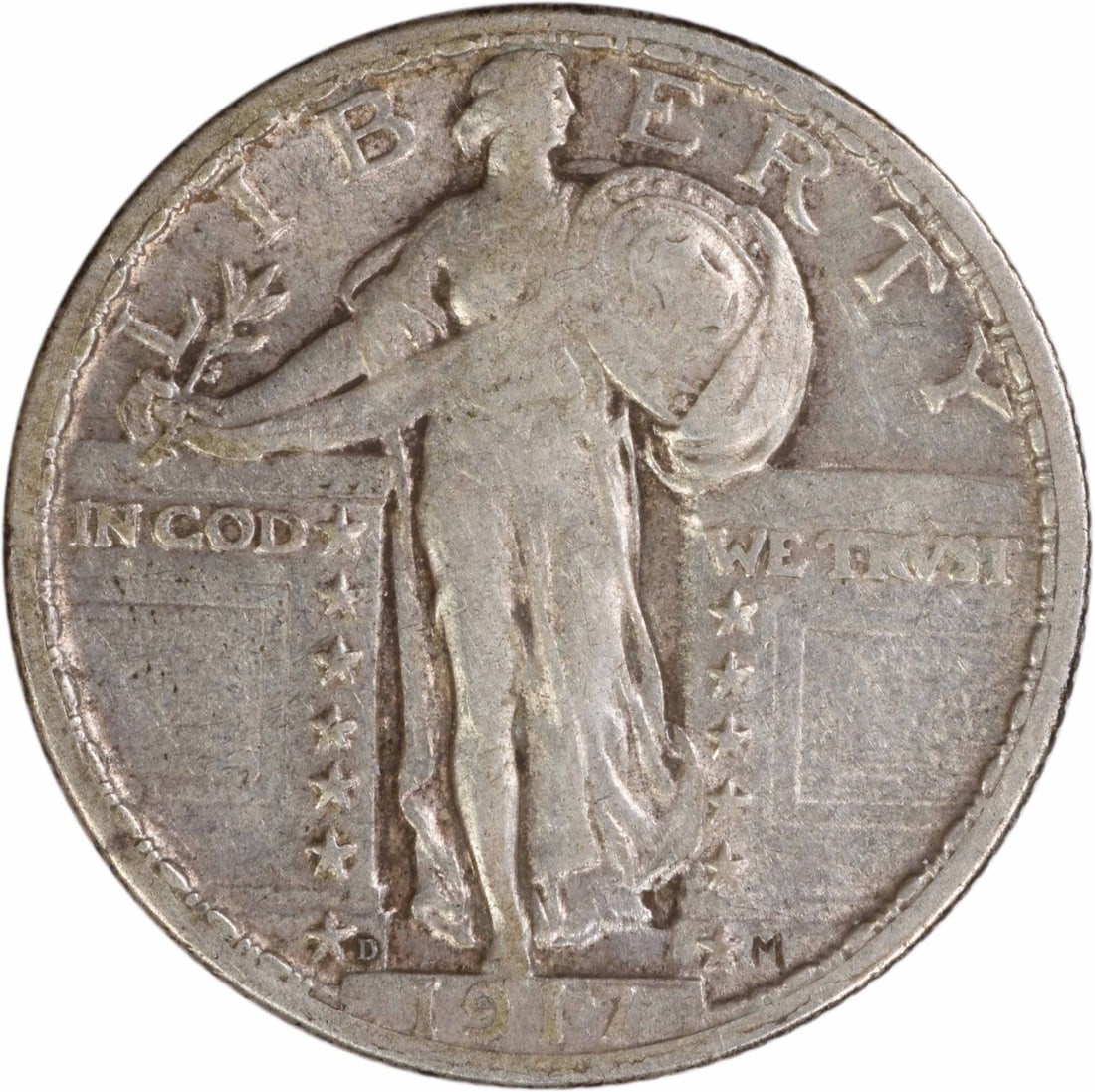 1917 Denver Standing Liberty Quarter 90 Percent Silver Extra Fine Uncertified: 1917 Denver Standing Liberty Quarter 90 Percent Silver Extra Fine Uncertified This 1917-D Standing Liberty Silver Quarter is a Type 2 coin from the Denver Mint. Designed by Hermon A. MacNeil, it is co