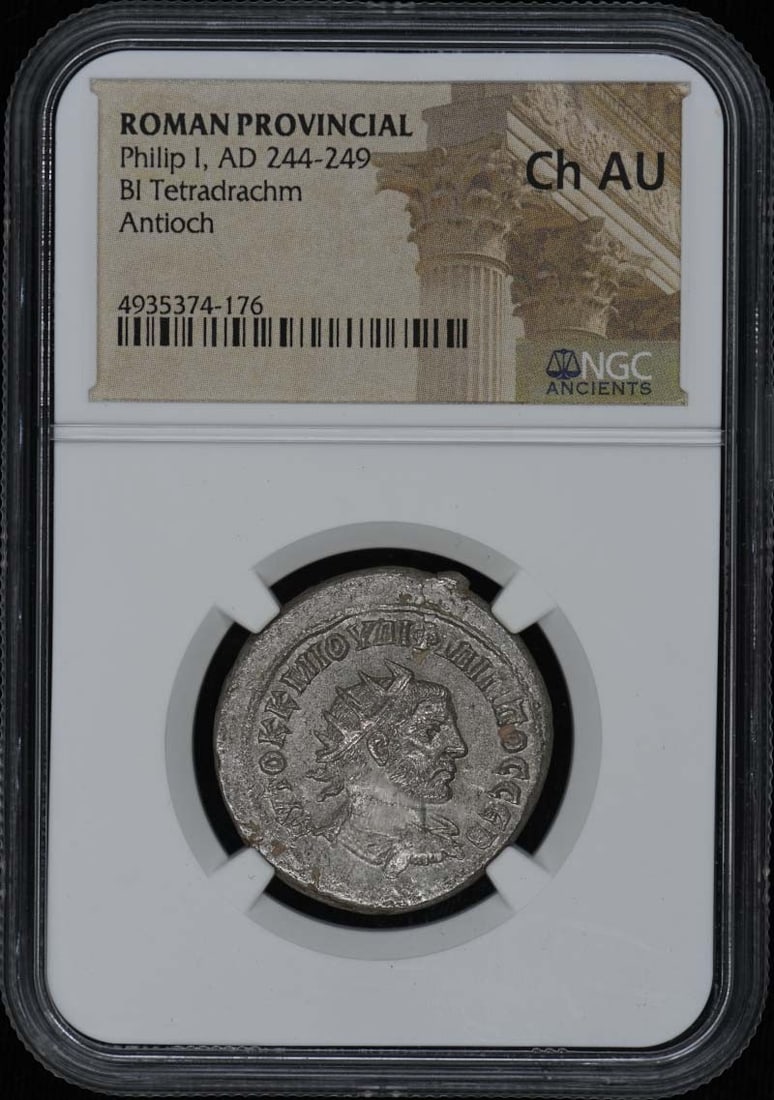 NGC AU55 Roman Provincial Tetradrachm Coin of Philip I AD 244-249: NGC AU55 Roman Provincial Tetradrachm Coin of Philip I AD 244-249 This is a Roman Provincial BI Tetradrachm coin from the reign of Philip I, dating from AD 244-249. Certified by NGC with a grade of AU